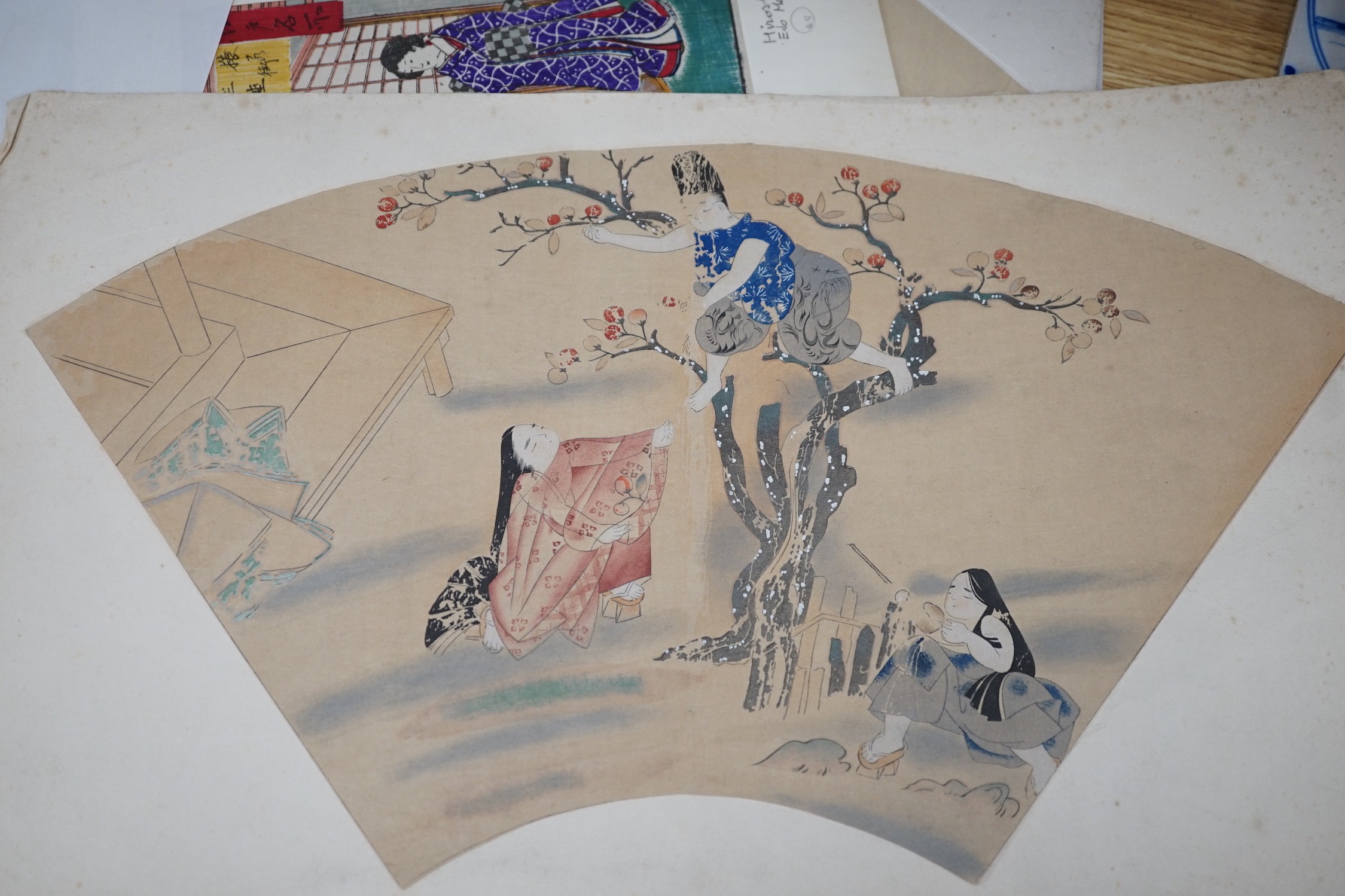 After Hiroshige, two woodblock prints, 'Shrine of Benten' and 'Shinobazu Pond', another print of four figures and a pair of fan leaf designs, largest overall 33 x 53cm, unframed